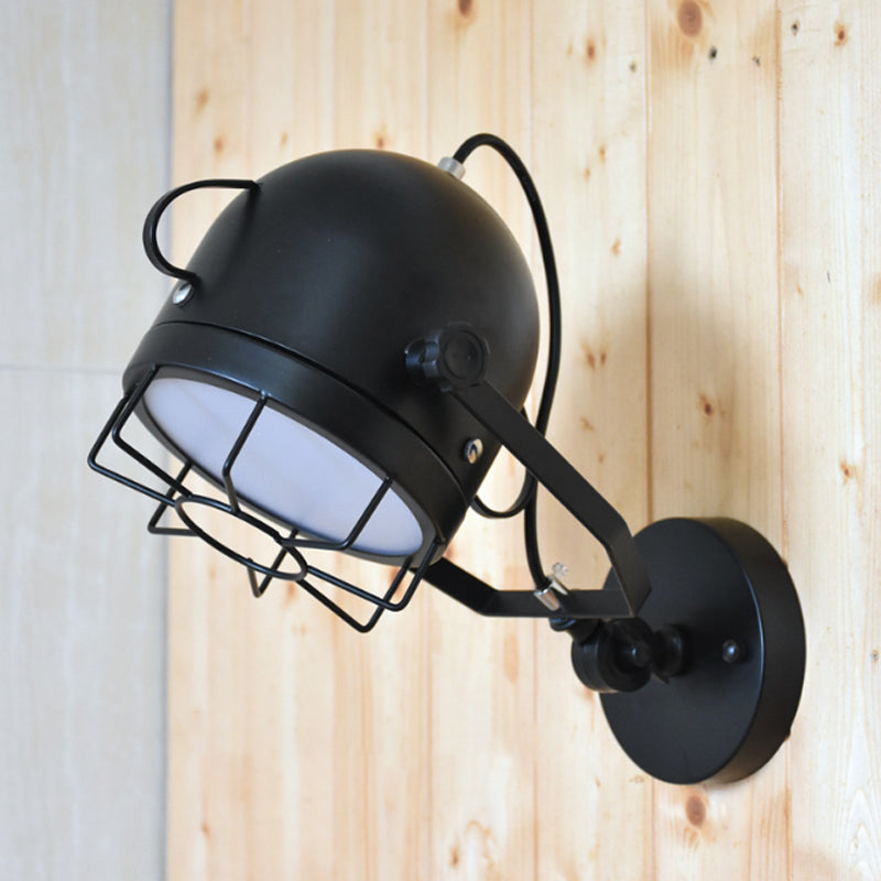 Sikunuo | Black 1 Head Wall Lighting Vintage Metal Dome Shade Adjustable Wall Lamp with Wire Frame for Hallway