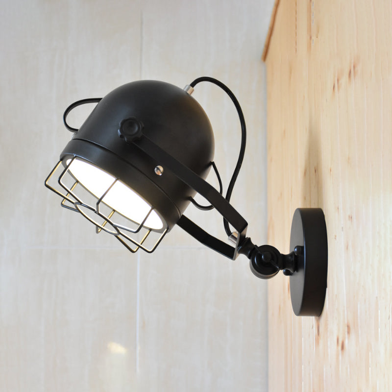 Sikunuo | Black 1 Head Wall Lighting Vintage Metal Dome Shade Adjustable Wall Lamp with Wire Frame for Hallway