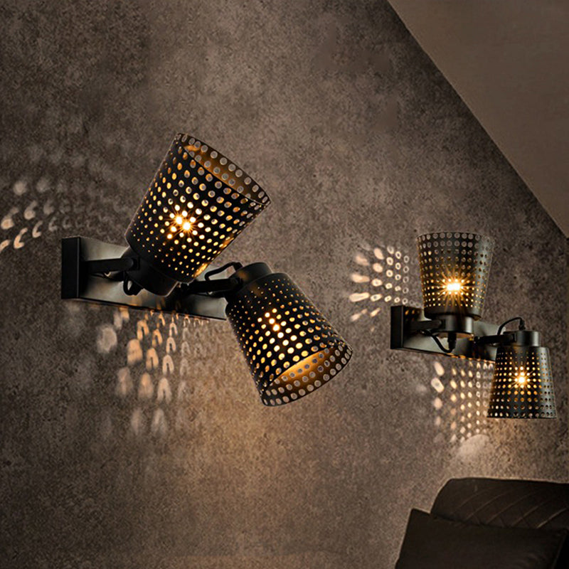 Sikunuo | Steel Wall Lamp with Hollow Design Industry 1/2/3-Head Indoor Rotating Wall Lamp in Black