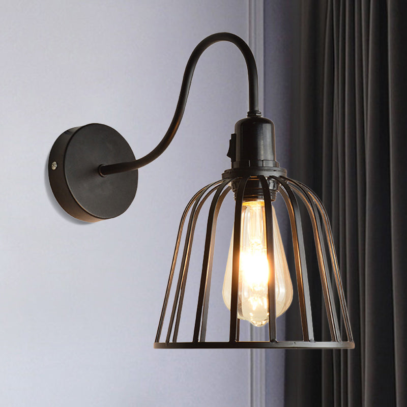 Sikunuo | Gooseneck Arm Metal Wall Light with Bell Cage Shade Retro 1 Light Dining Room Wall Lamp in Black