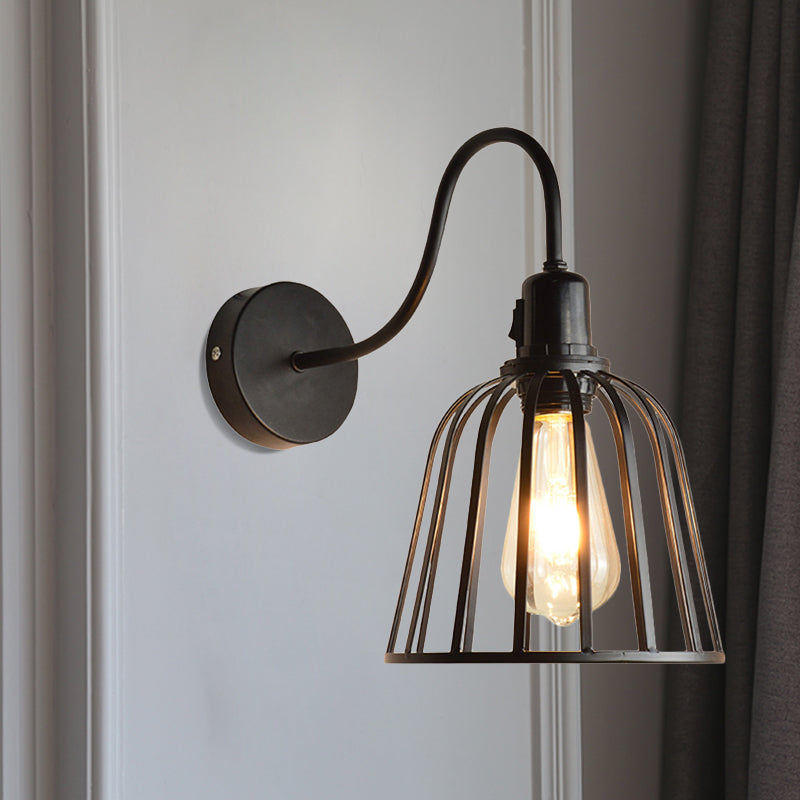 Sikunuo | Gooseneck Arm Metal Wall Light with Bell Cage Shade Retro 1 Light Dining Room Wall Lamp in Black