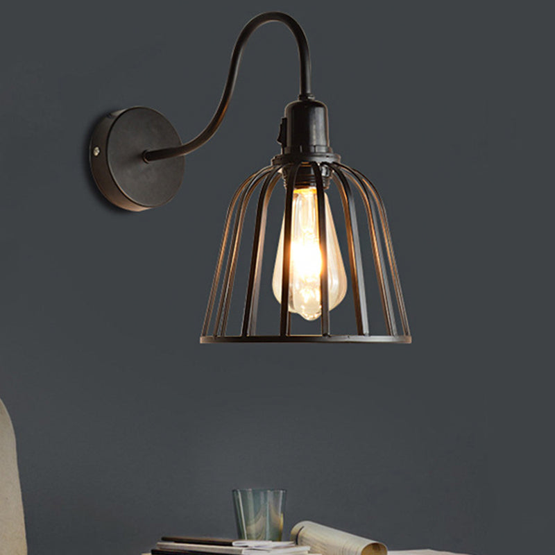 Sikunuo | Gooseneck Arm Metal Wall Light with Bell Cage Shade Retro 1 Light Dining Room Wall Lamp in Black