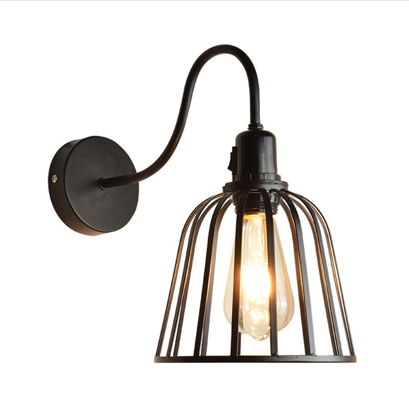 Sikunuo | Gooseneck Arm Metal Wall Light with Bell Cage Shade Retro 1 Light Dining Room Wall Lamp in Black