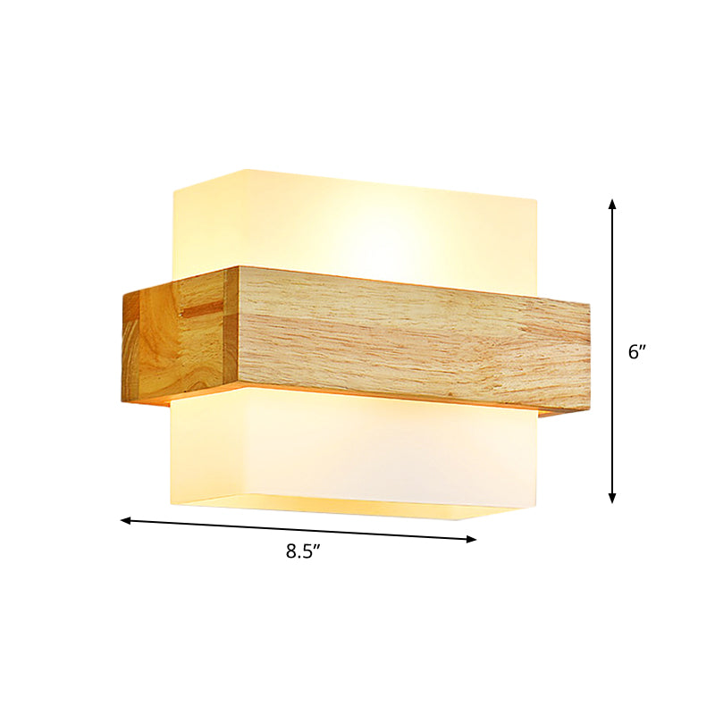 Sikunuo | Cube Wall Mount Light Fixture Minimalism Opal Glass 1 Main Color Beige Surface Wall Lamp with Wooden Detail