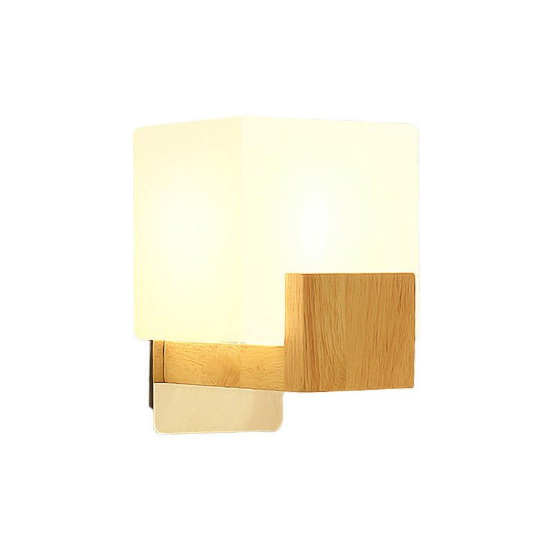 Sikunuo | Cube Wall Mount Light Fixture Minimalism Opal Glass 1 Main Color Beige Surface Wall Lamp with Wooden Detail