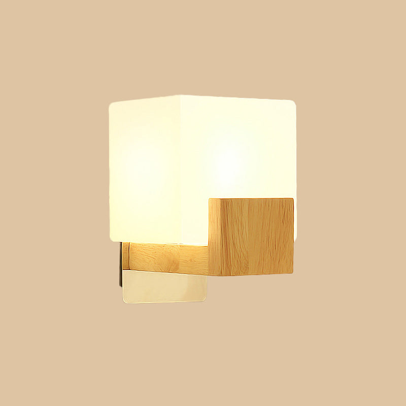 Sikunuo | Cube Wall Mount Light Fixture Minimalism Opal Glass 1 Main Color Beige Surface Wall Lamp with Wooden Detail
