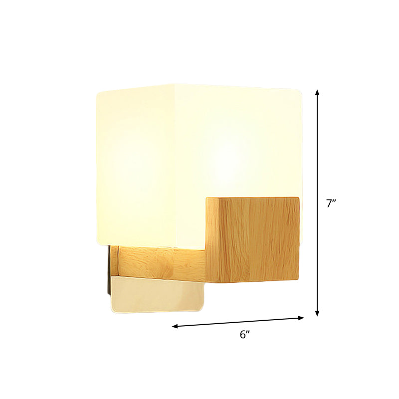 Sikunuo | Cube Wall Mount Light Fixture Minimalism Opal Glass 1 Main Color Beige Surface Wall Lamp with Wooden Detail