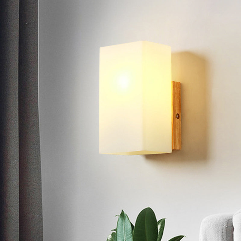 Sikunuo | Cube Wall Mount Light Fixture Minimalism Opal Glass 1 Main Color Beige Surface Wall Lamp with Wooden Detail