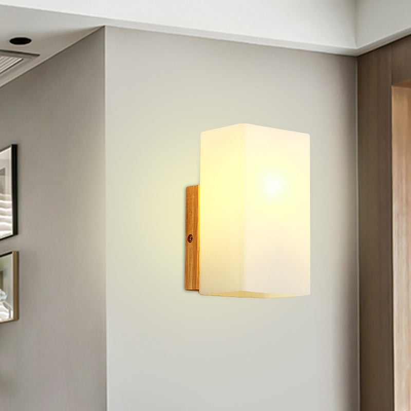Sikunuo | Cube Wall Mount Light Fixture Minimalism Opal Glass 1 Main Color Beige Surface Wall Lamp with Wooden Detail