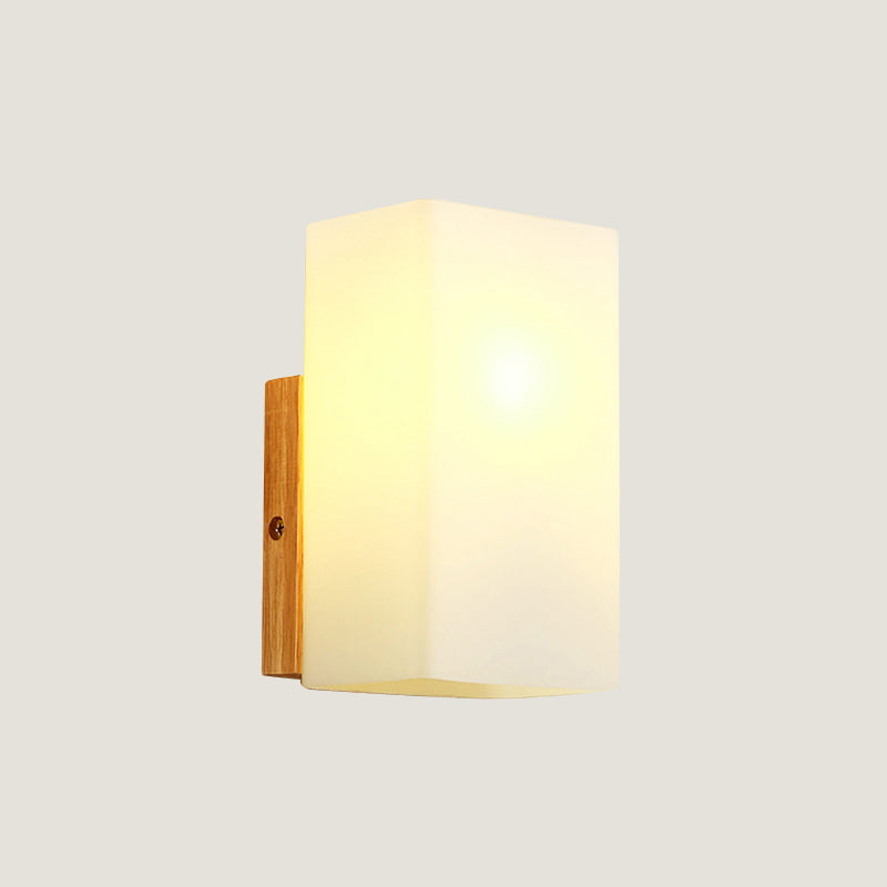 Sikunuo | Cube Wall Mount Light Fixture Minimalism Opal Glass 1 Main Color Beige Surface Wall Lamp with Wooden Detail