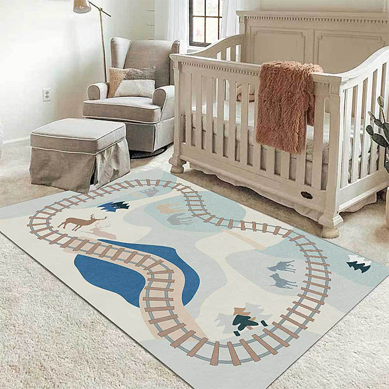 Sikunuo | Blue Rail Pattern Carpet with Animals Polyester Kids Carpet Pet Friendly Washable Non-Slip Carpet for the Bedroom