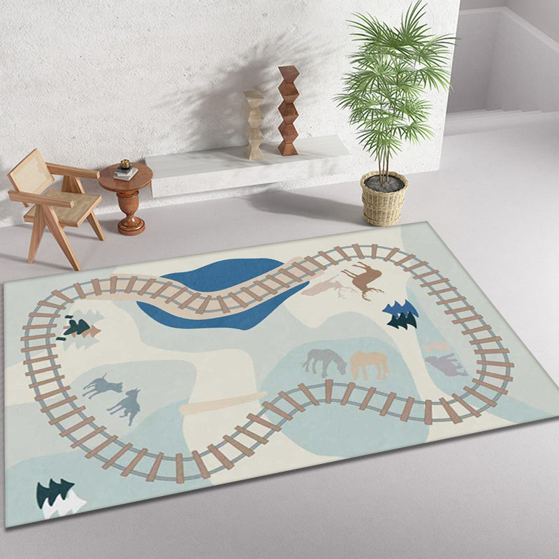 Sikunuo | Blue Rail Pattern Carpet with Animals Polyester Kids Carpet Pet Friendly Washable Non-Slip Carpet for the Bedroom