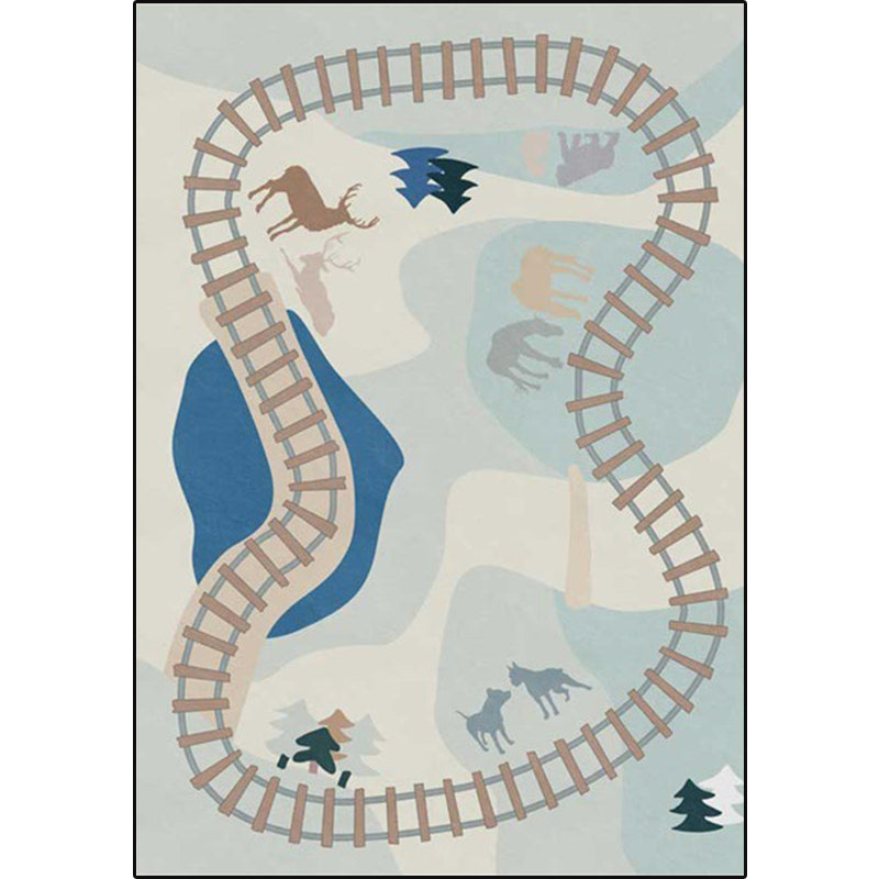Sikunuo | Blue Rail Pattern Carpet with Animals Polyester Kids Carpet Pet Friendly Washable Non-Slip Carpet for the Bedroom