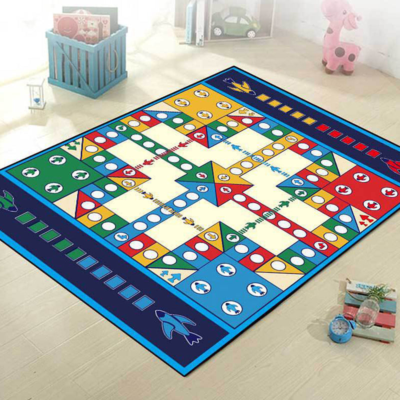 Sikunuo | Blue Children's Room Carpet Kids Chessboard Pattern Carpet Polyester Washable Non-Slip Backing Pet-Friendly Carpet
