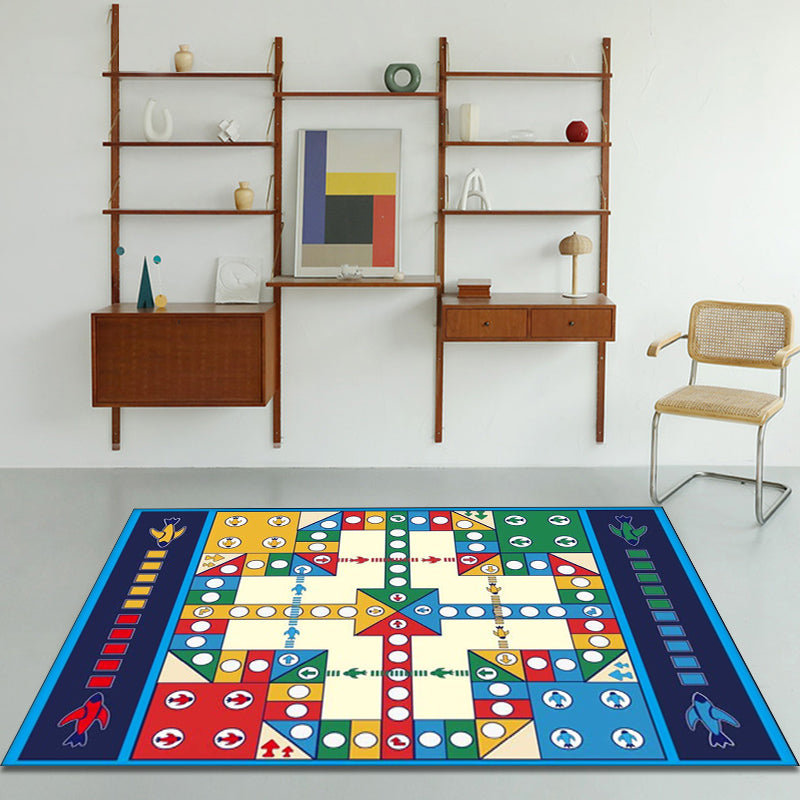 Sikunuo | Blue Children's Room Carpet Kids Chessboard Pattern Carpet Polyester Washable Non-Slip Backing Pet-Friendly Carpet