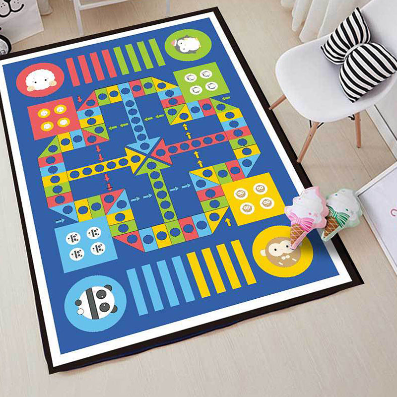 Sikunuo | Blue Children's Room Carpet Kids Chessboard Pattern Carpet Polyester Washable Non-Slip Backing Pet-Friendly Carpet