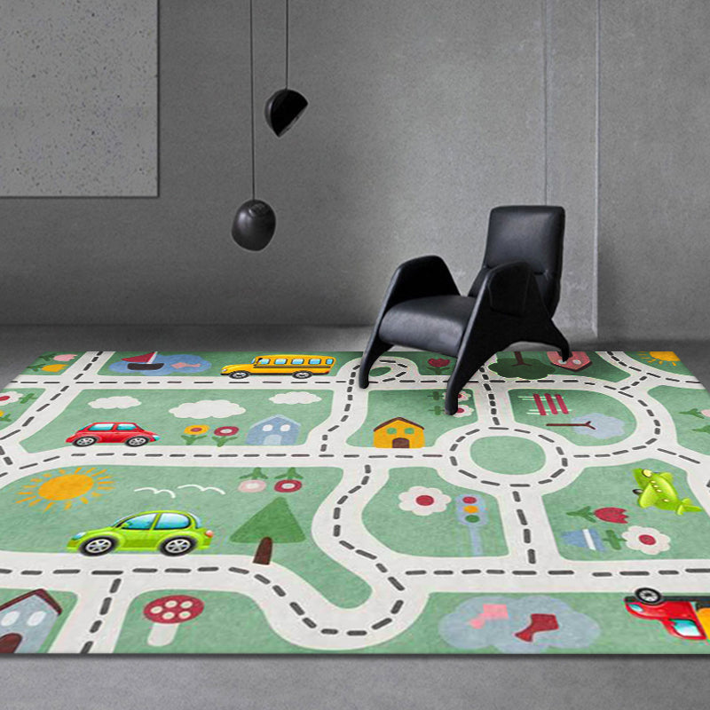 Sikunuo | Kids Street Pattern Rug with Car Green Polyester Rug Non-Slip Pet Friendly Washable Rug for the Children's Room