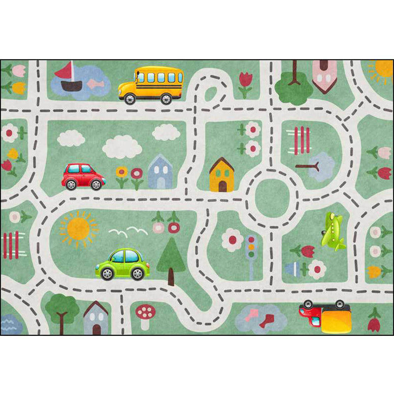 Sikunuo | Kids Street Pattern Rug with Car Green Polyester Rug Non-Slip Pet Friendly Washable Rug for the Children's Room