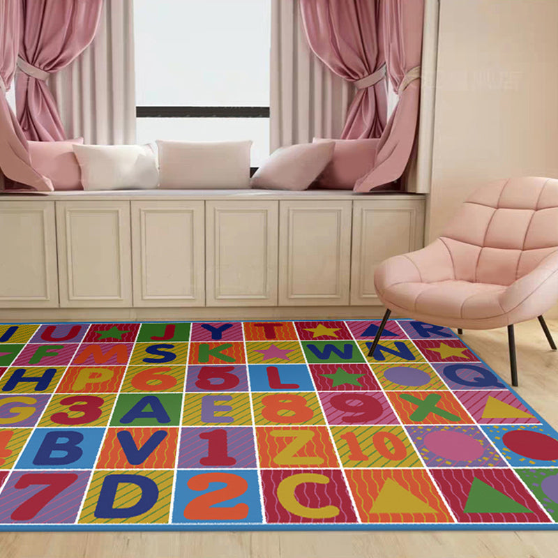 Sikunuo | Multicolored Letter Pattern Rug Polyester Kids Rug Pet Friendly Washable Non-Slip Rug for the Bedroom