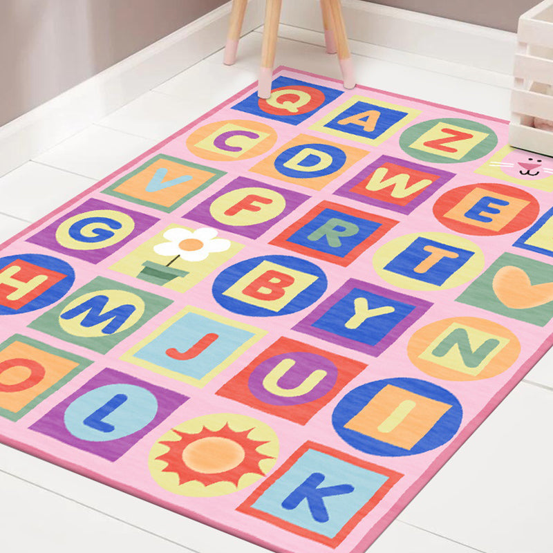 Sikunuo | Multicolor Kids Rug Letter Pattern Rug Polyester Washable Non-Slip Bottom Pet-Friendly Rug