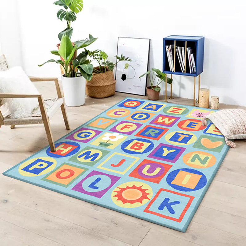 Sikunuo | Multicolor Kids Rug Letter Pattern Rug Polyester Washable Non-Slip Bottom Pet-Friendly Rug