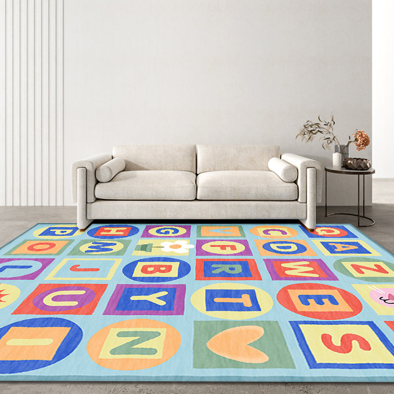 Sikunuo | Multicolor Kids Rug Letter Pattern Rug Polyester Washable Non-Slip Bottom Pet-Friendly Rug