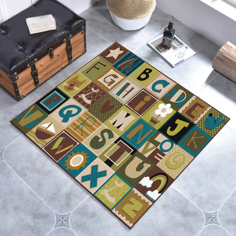 Sikunuo | Kids Plaid Pattern Rug with Letters Brown Polyester Rug Non-Slip Pet-Friendly Washable Rug for Kids' Room
