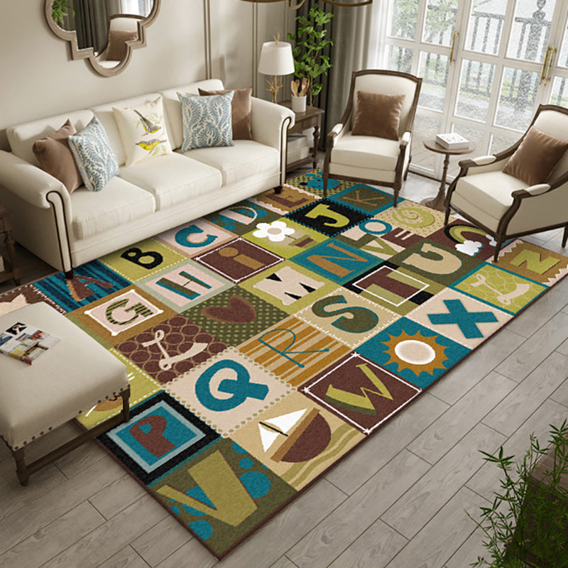 Sikunuo | Kids Plaid Pattern Rug with Letters Brown Polyester Rug Non-Slip Pet-Friendly Washable Rug for Kids' Room