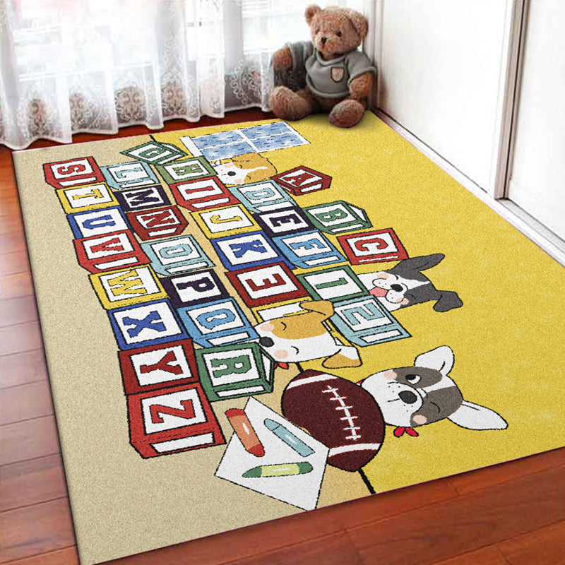 Sikunuo | Yellow Letter Pattern Carpet with Dog Polyester Kids Carpet Pet Friendly Washable Anti-Slip Carpet for Bedroom