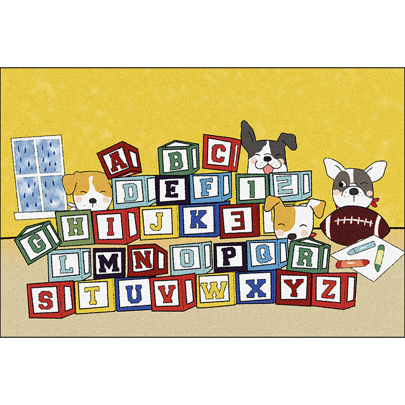 Sikunuo | Yellow Letter Pattern Carpet with Dog Polyester Kids Carpet Pet Friendly Washable Anti-Slip Carpet for Bedroom