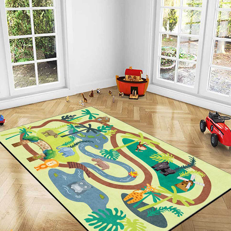 Sikunuo | Children's Zoo Pattern Carpet with Animal Brown Polyester Carpet Non-slip Pet Friendly Washable Area Rug for Kids' Room