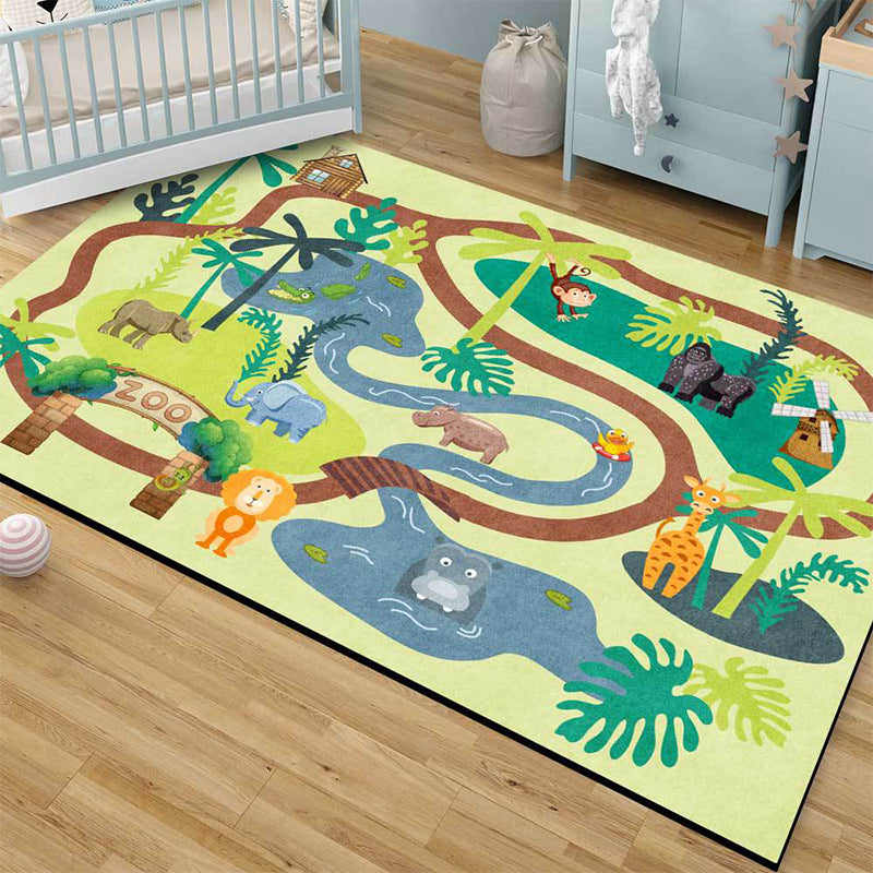 Sikunuo | Children's Zoo Pattern Carpet with Animal Brown Polyester Carpet Non-slip Pet Friendly Washable Area Rug for Kids' Room