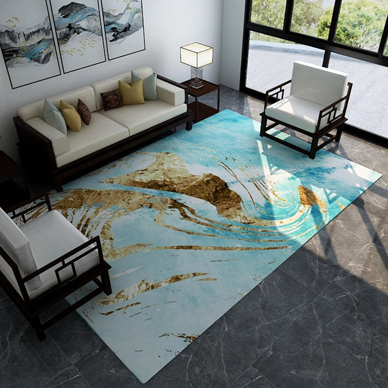 Sikunuo | Industrial Watercolor Pattern Carpet Blue Polyester Carpet Non-Slip Pet Friendly Washable Area Rug for Bedroom