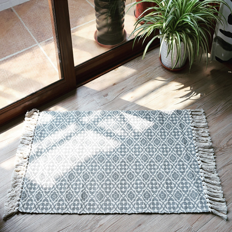 Sikunuo | Moroccan tribal flower pattern rug blue and gray cotton rug non-slip pet-friendly washable rug for the living room