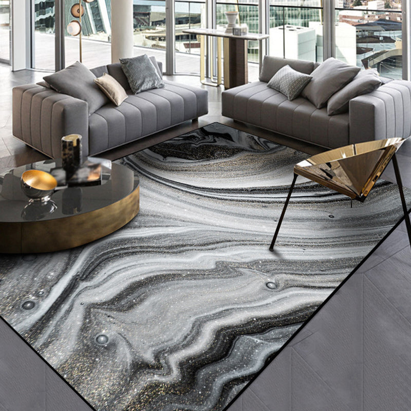 Sikunuo | Modernist Decorative Rug Black Abstract Rug Polyester Washable Non-Slip Pet-Friendly Rug