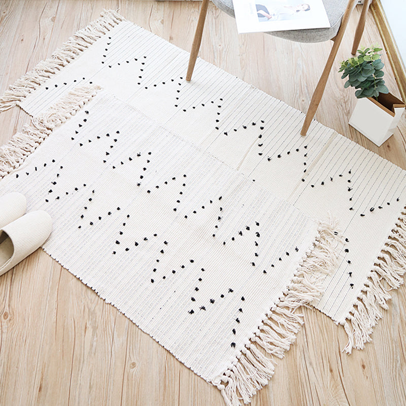 Sikunuo | Southwest Striped Pattern Carpet White Cotton Carpet Non-Slip Pet-Friendly Washable Carpet for Living Room