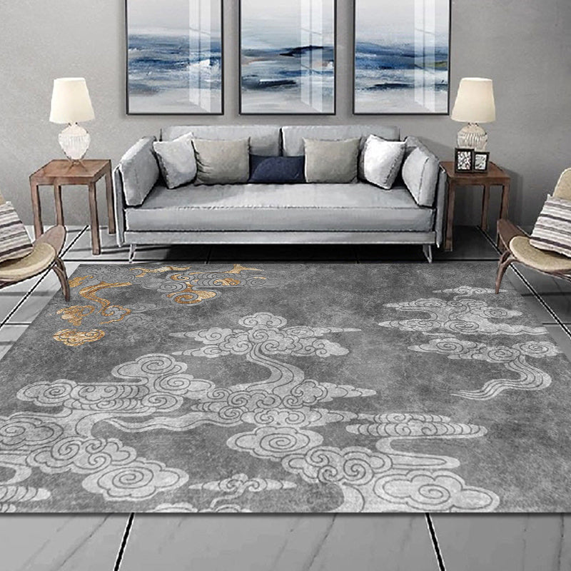 Sikunuo | Oriental living room carpet Gray clouds pattern carpet Synthetic Washable Non-slip Pet friendly carpet