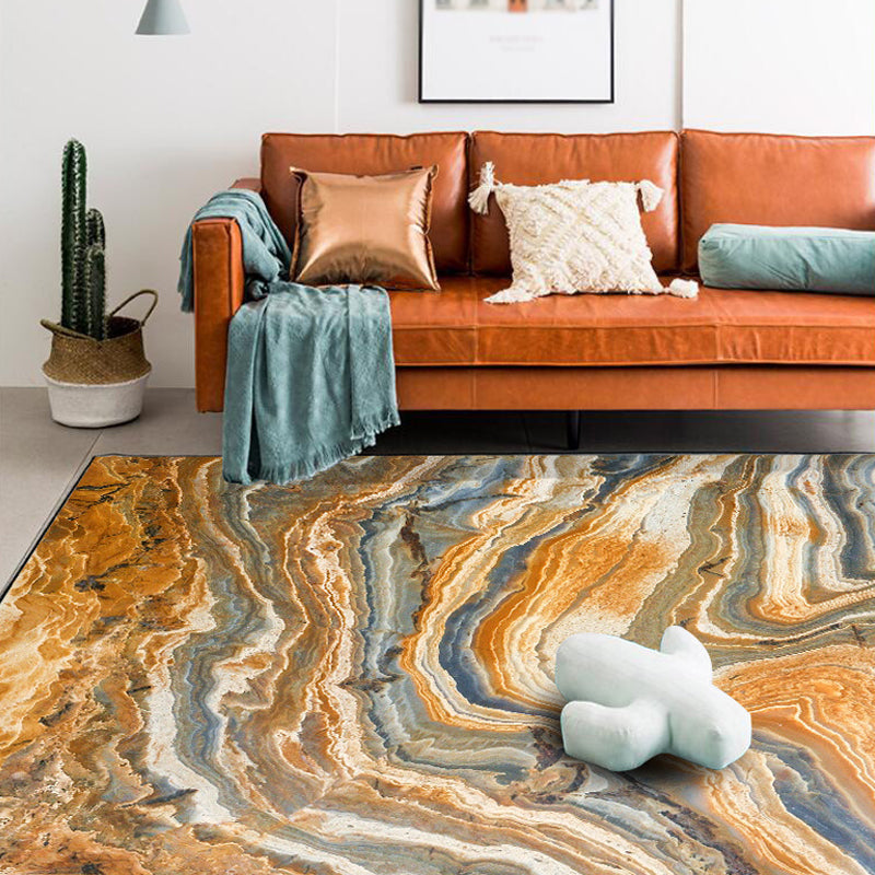 Sikunuo | Brown Living Room Rug Modernism Swirl Stripes Pattern Rug Synthetic Machine Washable Non-Slip Backing Rug