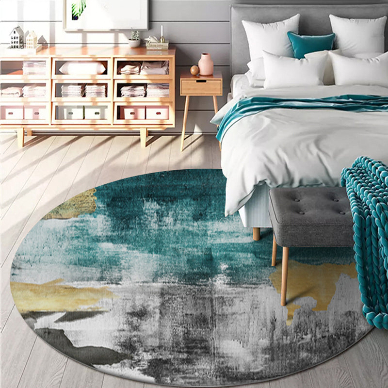 Sikunuo | Industrial Abstract Carpet Blue Polyester Rug Non-Slip Pet-Friendly Washable Rug for Home