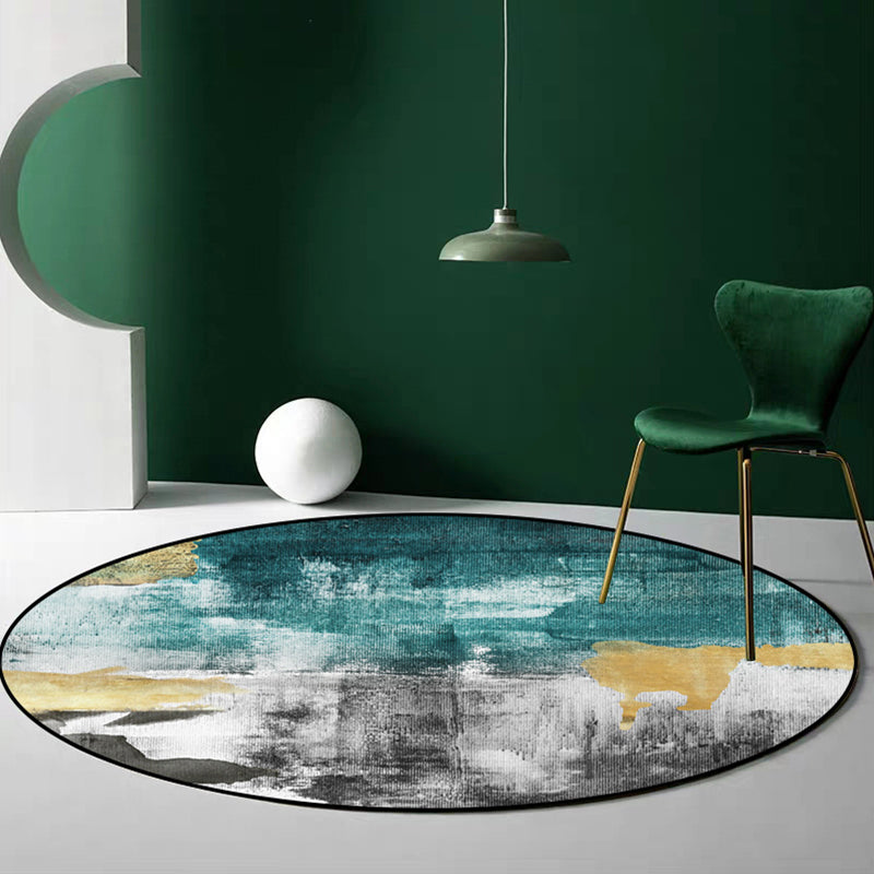 Sikunuo | Industrial Abstract Carpet Blue Polyester Rug Non-Slip Pet-Friendly Washable Rug for Home