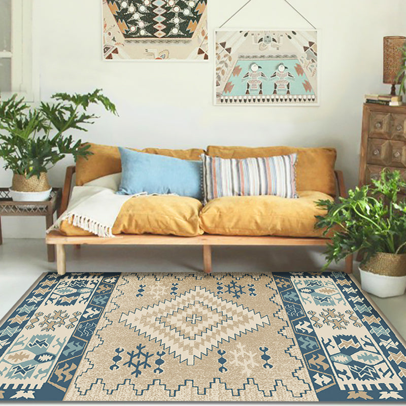Sikunuo | Brown and Blue Bohemian Rug Synthetic Tribal Diamond Pattern Rug Pet-Friendly Washable Non-Slip Rug for Decoration