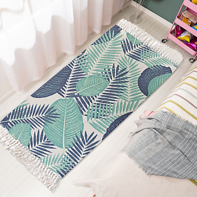 Sikunuo | Tropical Leaf Pattern Carpet Green Cotton Rug Non-slip Pet Friendly Washable Area Rug for Living Room