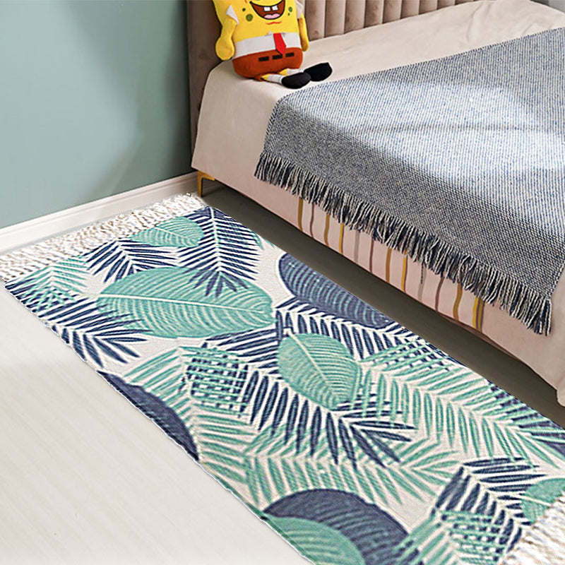 Sikunuo | Tropical Leaf Pattern Carpet Green Cotton Rug Non-slip Pet Friendly Washable Area Rug for Living Room