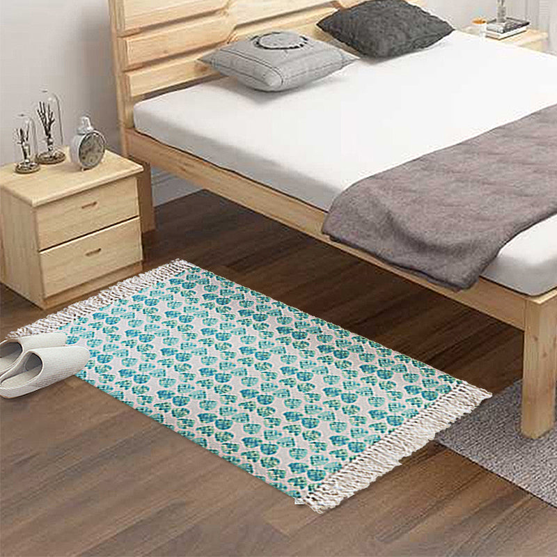 Sikunuo | Tropical Leaf Pattern Carpet Green Cotton Rug Non-slip Pet Friendly Washable Area Rug for Living Room