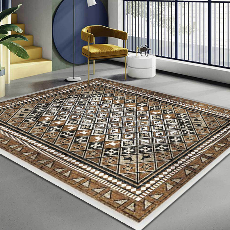 Sikunuo | Moroccan Living Room Carpet Brown Tribal Geometric Pattern Carpet Polyester Washable Non-Slip Pet-Friendly Area Rug