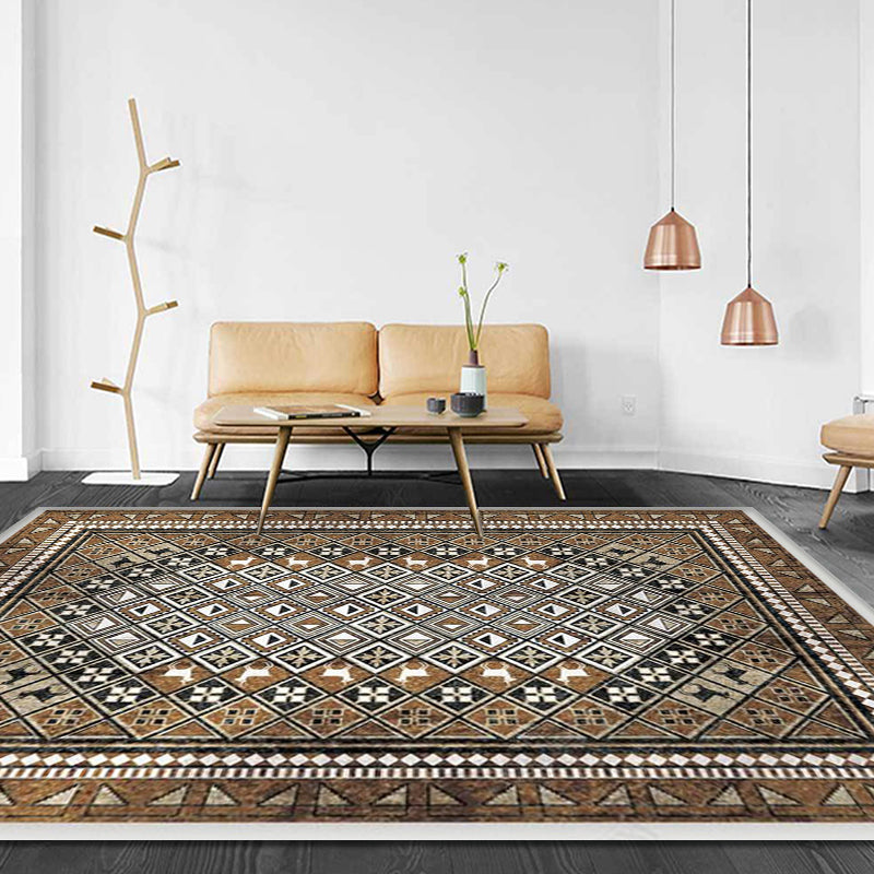 Sikunuo | Moroccan Living Room Carpet Brown Tribal Geometric Pattern Carpet Polyester Washable Non-Slip Pet-Friendly Area Rug
