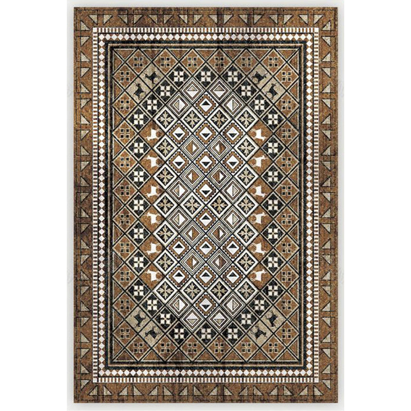 Sikunuo | Moroccan Living Room Carpet Brown Tribal Geometric Pattern Carpet Polyester Washable Non-Slip Pet-Friendly Area Rug