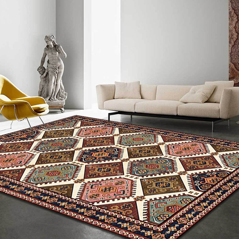 Sikunuo | Moroccan Living Room Carpet Brown Tribal Geometric Pattern Carpet Polyester Washable Non-Slip Pet-Friendly Area Rug