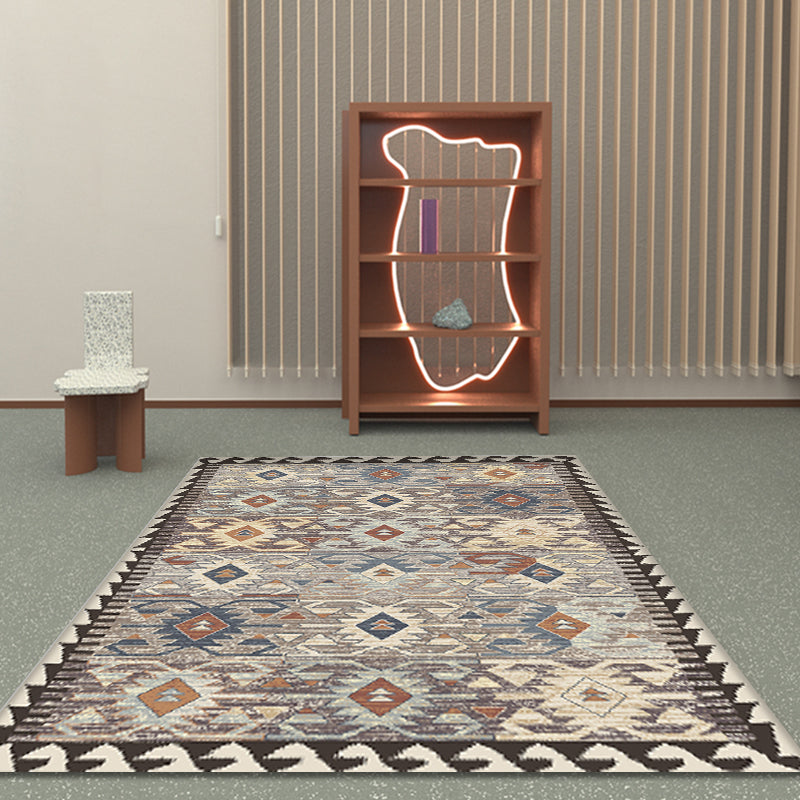 Sikunuo | Gray Tribal-Diamond Pattern Rug Polypropylene Bohemian Rug Washable Non-Slip Back Rug for Living Room
