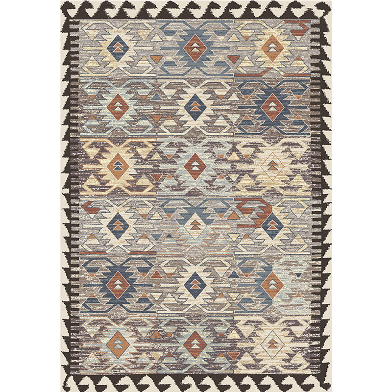 Sikunuo | Gray Tribal-Diamond Pattern Rug Polypropylene Bohemian Rug Washable Non-Slip Back Rug for Living Room
